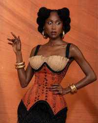 Jute And Bogolan Contoured Top With Full Ostrich Feather Skirt