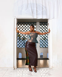 Gold Corset With Leather Side Slit Skirt With Wax Print Insert