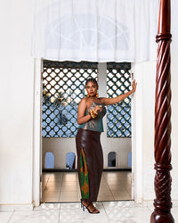 Gold Corset With Leather Side Slit Skirt With Wax Print Insert