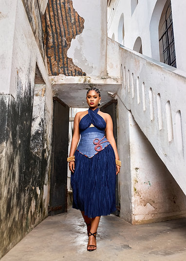 Halter Blouse With Denim Detail Skirt