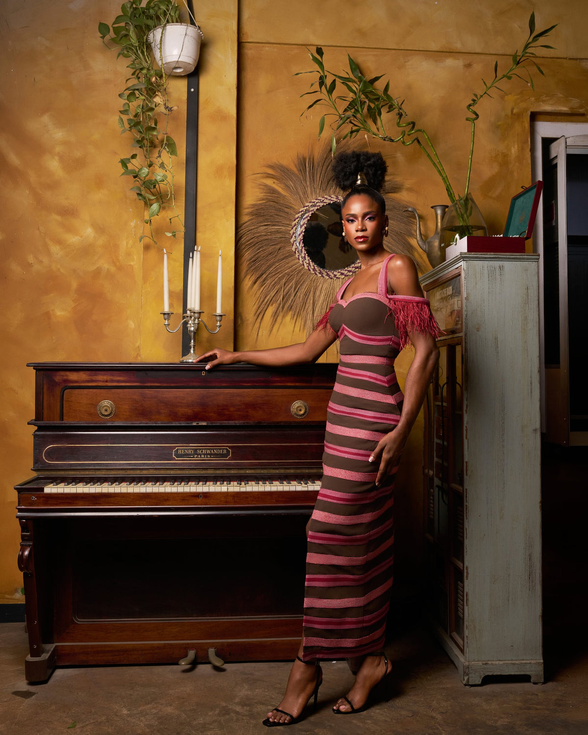 Striped Fugu Dress with ostrich feather Sleeves