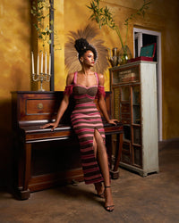 Striped Fugu Dress with ostrich feather Sleeves
