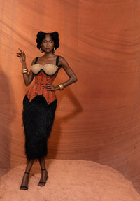 Jute And Bogolan Contoured Top With Full Ostrich Feather Skirt