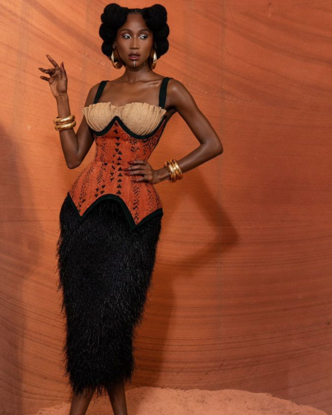 Jute And Bogolan Contoured Top With Full Ostrich Feather Skirt